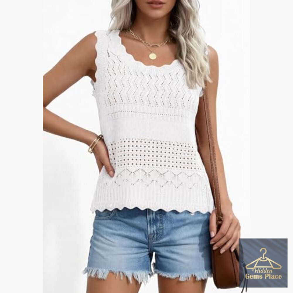 Crochet Tank Top Sleeveless Sweater Vest Boho Beach Vacation Wear - Picture 2 of 7